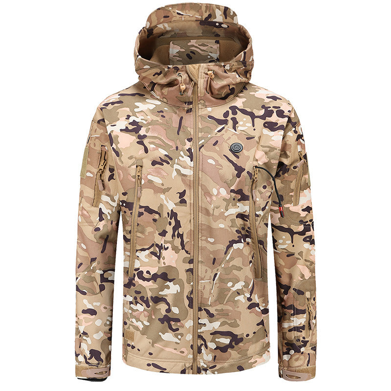 Graphene Heated Hunting Jacket for Men Women, 3 Temperature Levels 7 Heating Zones, Battery Powered Heated Waterproof Windproof Warm Camo Coat Softshell Jacket with Hood