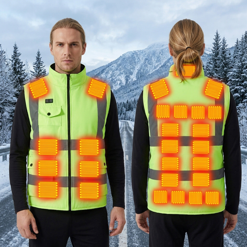 Green High Visibility Work Utility Heated Vest for Men Women, 25 Heating Zones 3 Adjustable Temperature Electric Hi-Vis Heated Gilet Body Warmer Outerwear Lightweight Waistcoat