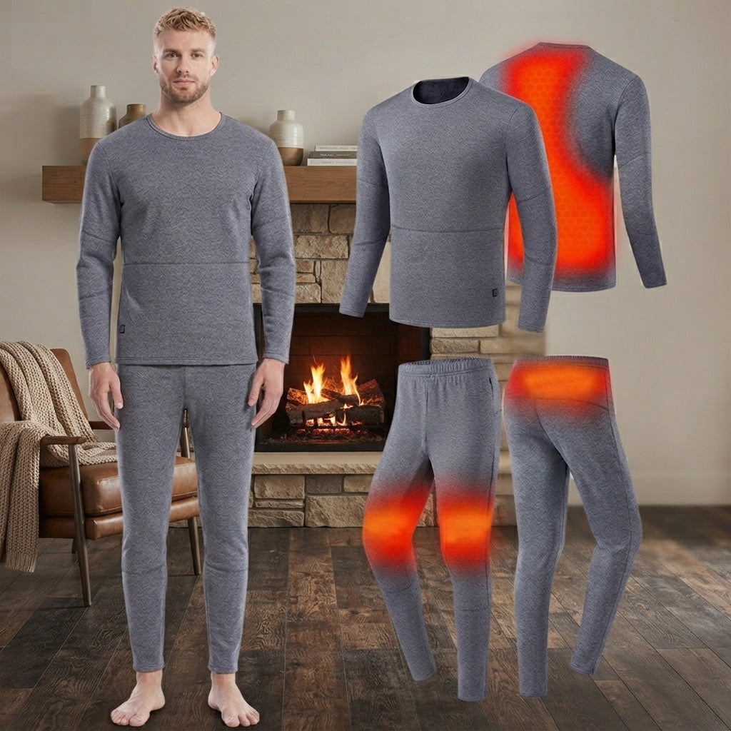 Gray Heated Thermal Underwear Long Johns Fleece Pajamas for Men with USB Electric Layer Base for Full Body Warmth