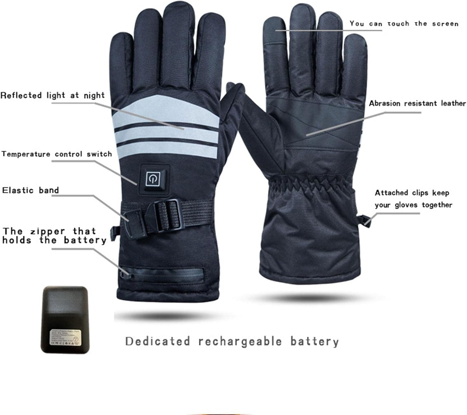 7.4 V 2*3000 mAh Rechargeable Battery Heated Gloves 3-level Temperature Adjustment Touch Panel Compatible Fleece Lined Electric Warm Gloves for Men Women Hiking Riding Skiing Camping Motorcycle