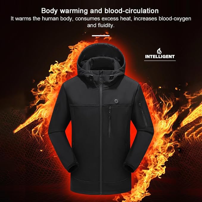 Softshell Hooded Heated Jacket for Men Women 10 Heated Areas 3 Gear Temperature USB Electric Warming Long Sleeve Windproof Coat For Extreme Cold Weather