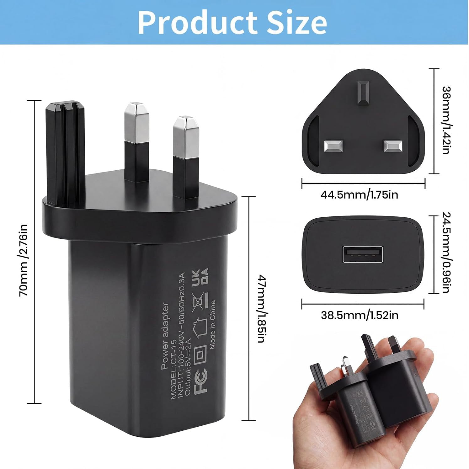 UK-Standard 5V2A USB Plug Adapter Single USB-A Port Charger Plug
