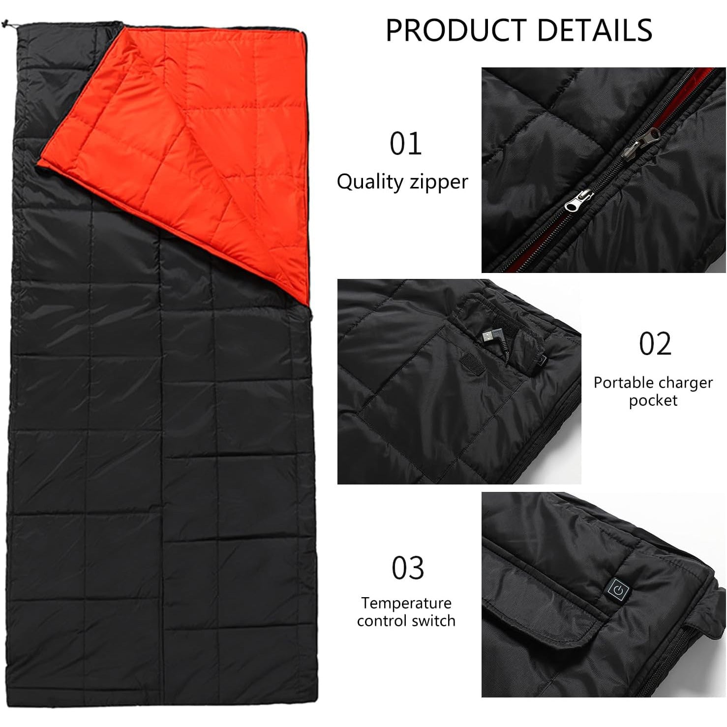 Outdoor Heated Sleeps Bag USB Powered 3 Heat Models 4 Heating Areas Adjustable Elastics Cord For Adults