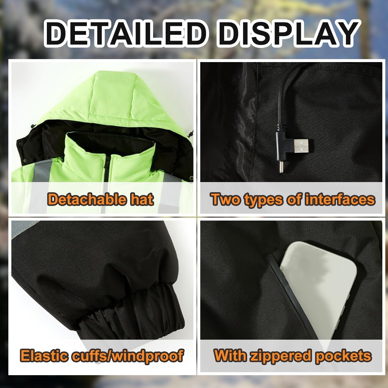 Unisex Hi Vis Hooded Heating Coat, High Visibility Heated Jacket, 29 Heating Zones Heated Body Warmer Windproof Waterproof Reflective Workwear USB Electric Heat Outerwear Winter Thermal Jackets for Work