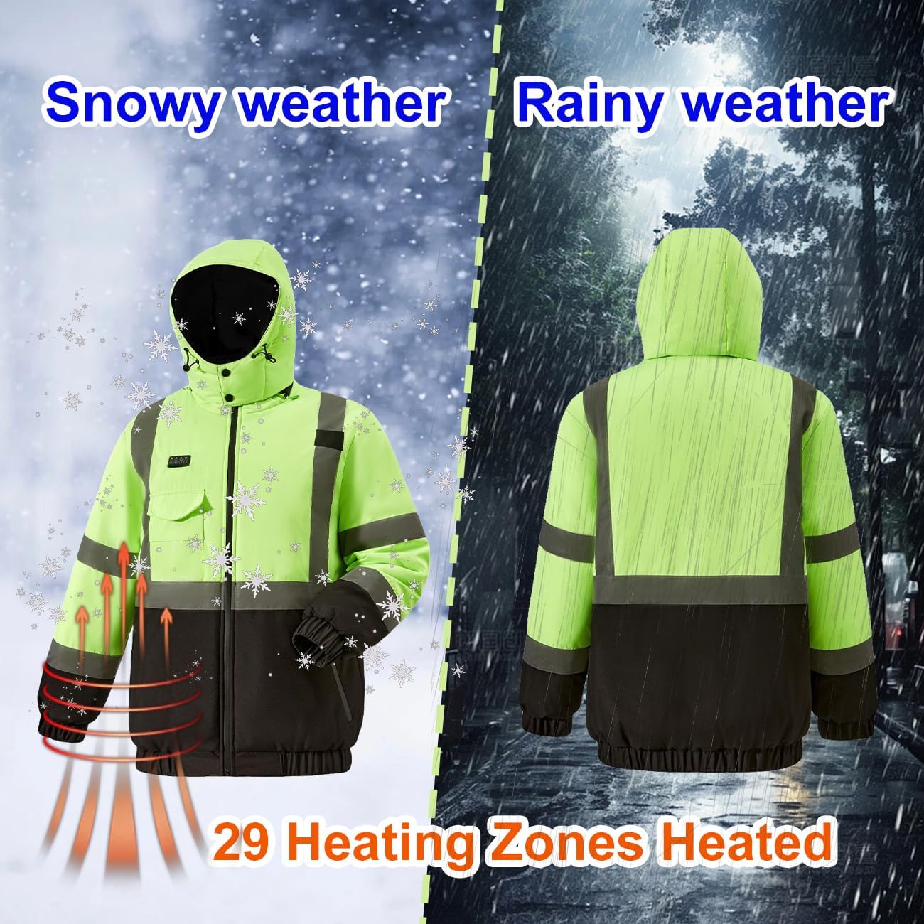 Unisex Hi Vis Hooded Heating Coat, High Visibility Heated Jacket, 29 Heating Zones Heated Body Warmer Windproof Waterproof Reflective Workwear USB Electric Heat Outerwear Winter Thermal Jackets for Work