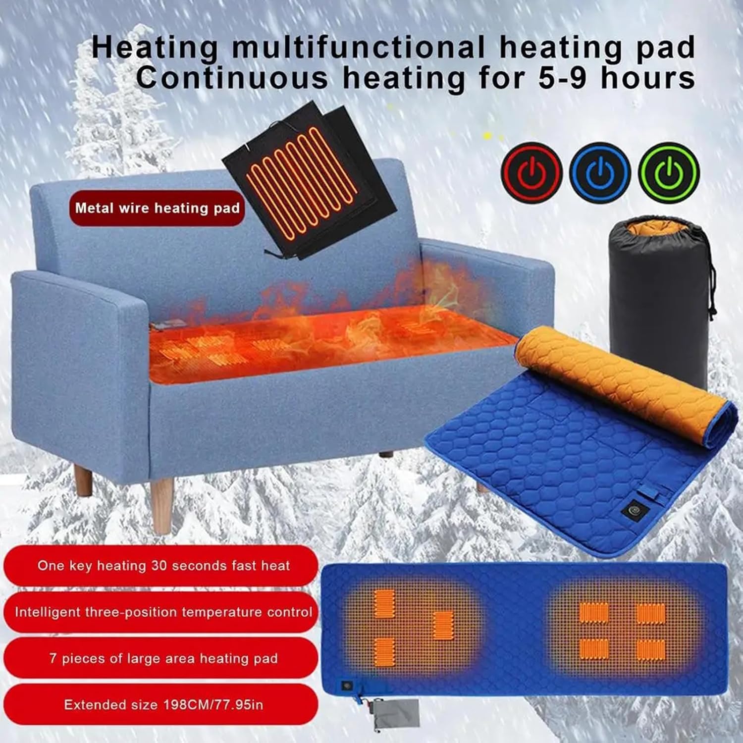 Heated Sleeping Bag Liner - 7 Heating Zones 3-Level Adjustable USB Electric Heating Sleeping Bag Pads Heated Mat for Outdoor Camping Tent Sleeping Mattress Thermalpad Foot Warmer - Firoth