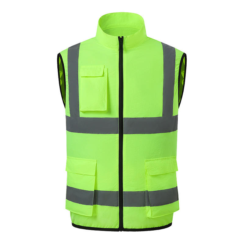 Reflective Sleeveless Cooling Vest High Visibility Stripe Zip Up Stand Workwear with Multi Pockets