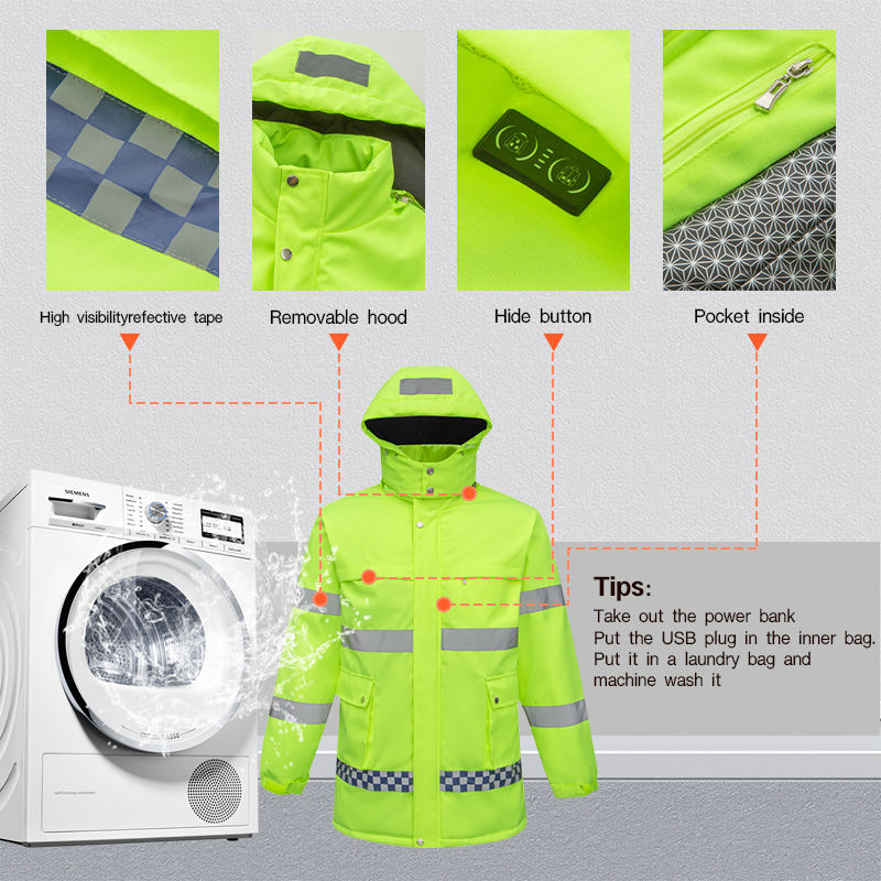 Hi Vis Heated Hooded Jacket for Men Women, 8 Heating Zones 3 Temperature Levels High Visibility Heated Workwear Waterproof Windproof Reflective Outerwear Safety Security Work Coat