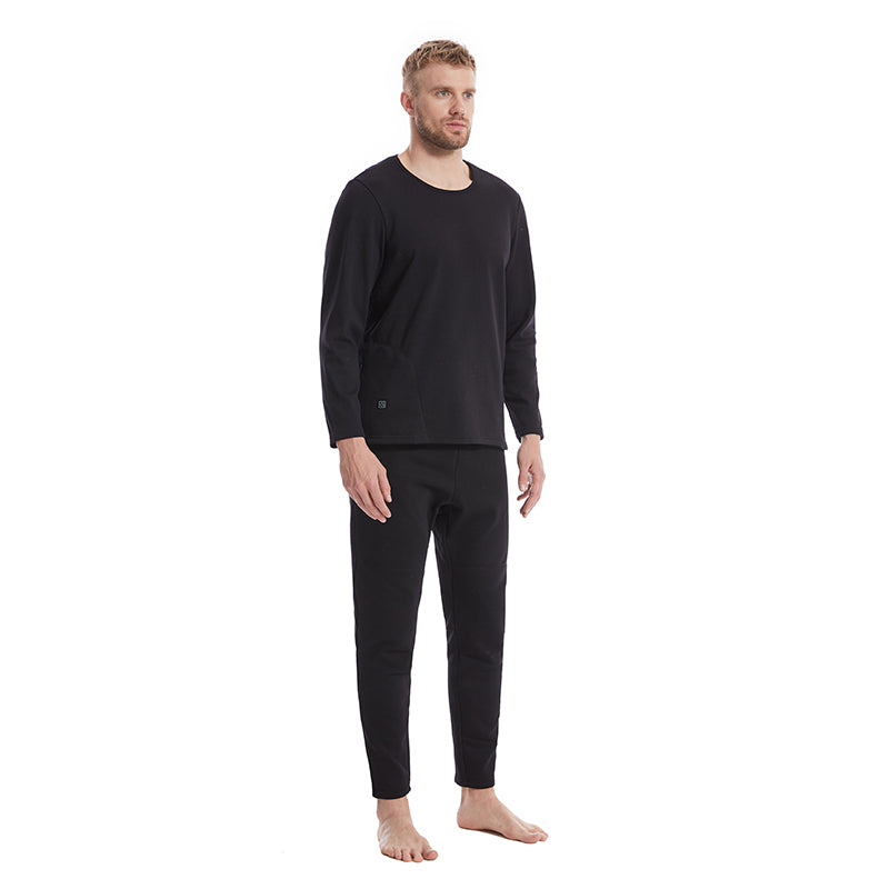 Black Heated Underwear Set for Men 6 Areas Carbon Fiber Heating Temperature USB Electric Thermal Heated Long Sleeve T-Shirts & Pants