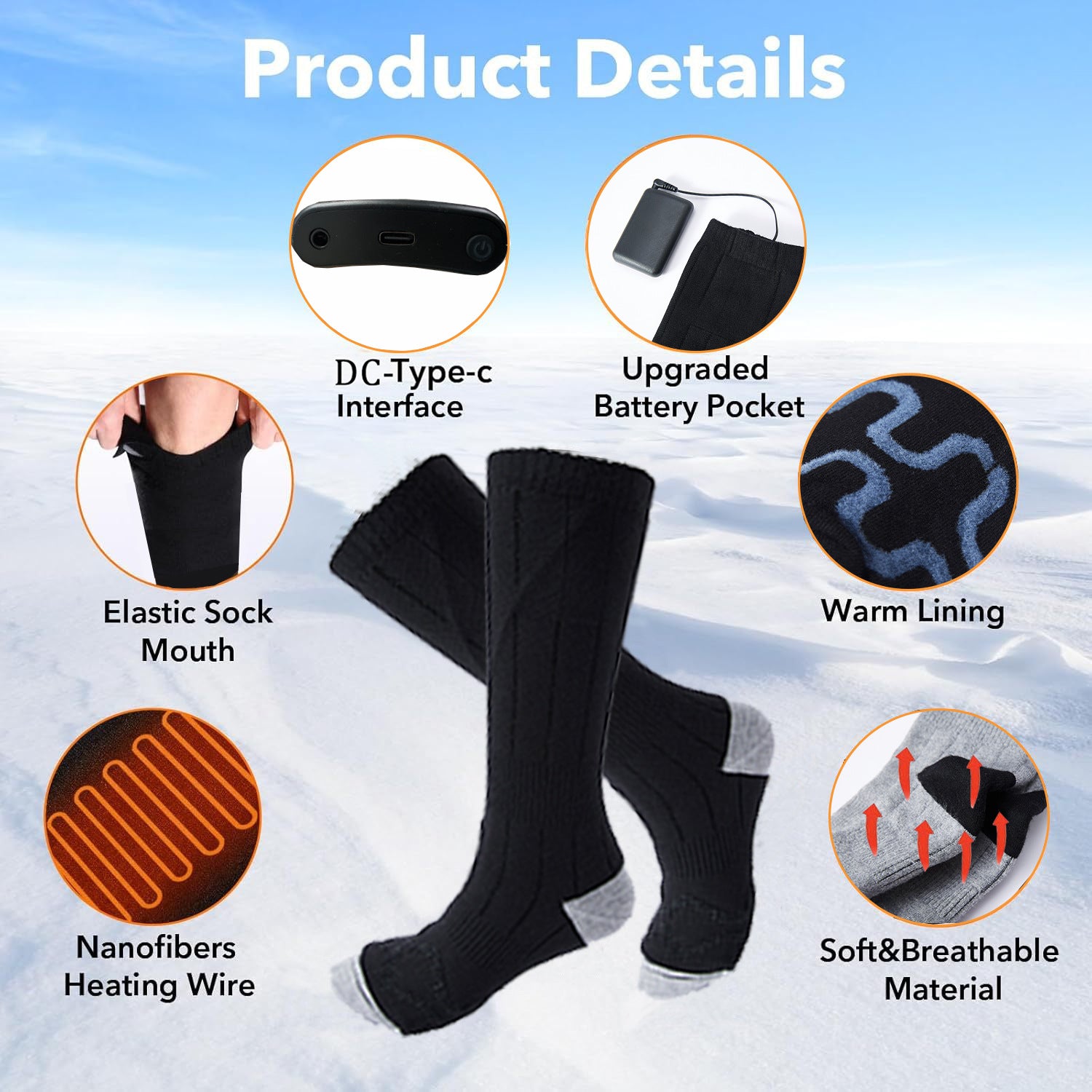 APP Remote Control Rechargeable Heated Socks for Men and Women 5000mAh*2 Batteries Electric Foot Warmers with 3 Heating Levels, Washable Thermal Socks for Skiing Hiking Outdoor Winter Activities