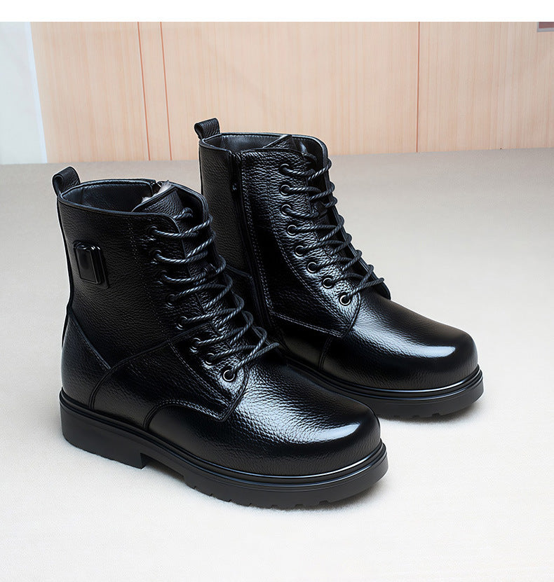 Black Genuine Leather Smart Heated Boots for Men Upgraded 20000mAh Battery 36℃-90℃ 5-level Temperature Adjustment -Skiing Hunting Non-Slip Water Proof Electric Heating Shoes