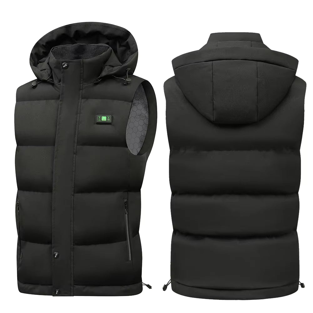 Unisex Heated Hooded Vest for Men Women, 3 Heating Levels 15 Heating Zones Temperature Display Zipper Closure USB Charging Fleece Lined Winter Thermal Waistcoat for Outdoor