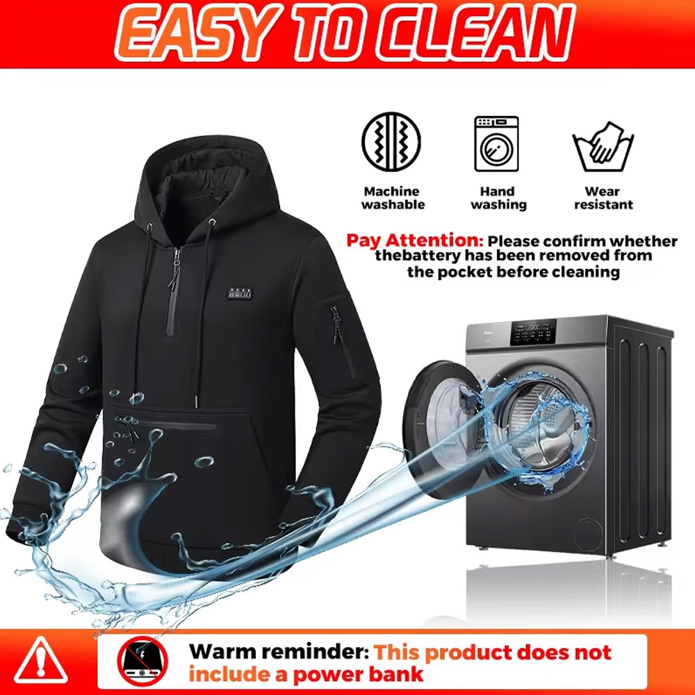 Black Electric Heated Pullover Hoodie for Men Women, 26 Zones 4 Gear Temperature Control Winter Zip Up Pocket Long Sleeve Thermal Sweatshirt for Outdoor Skiing Hiking
