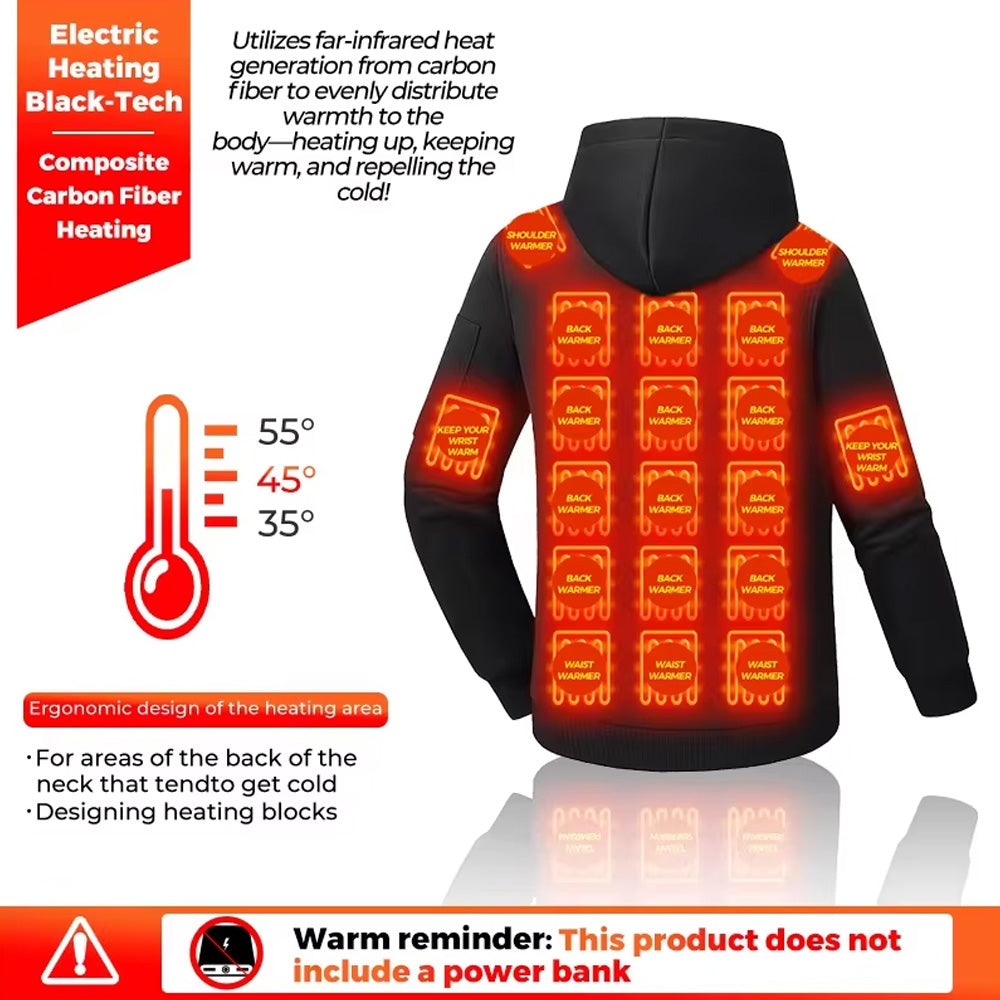 Black Electric Heated Pullover Hoodie for Men Women, 26 Zones 4 Gear Temperature Control Winter Zip Up Pocket Long Sleeve Thermal Sweatshirt for Outdoor Skiing Hiking