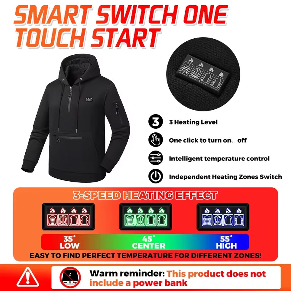 Black Electric Heated Pullover Hoodie for Men Women, 26 Zones 4 Gear Temperature Control Winter Zip Up Pocket Long Sleeve Thermal Sweatshirt for Outdoor Skiing Hiking