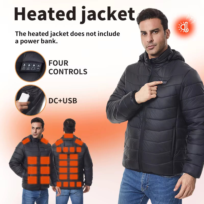 Long Sleeve Heated Hooded Jacket for Men Women, Winter Warm USB Charging Electric Body Warmer Heated Coats with Independent Control of 4 Zones 27 Heating Pads 3 Temperature Levels