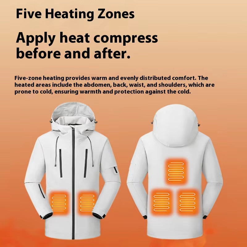 Electric Heated Hooded Ski Jacket for Men Women, 5 Heat Generation USB Powered Windbreaker Mountain Parka Heating Wear