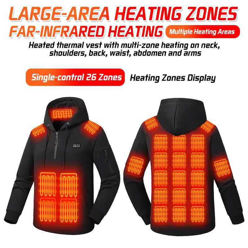 Black Electric Heated Pullover Hoodie for Men Women, 26 Zones 4 Gear Temperature Control Winter Zip Up Pocket Long Sleeve Thermal Sweatshirt for Outdoor Skiing Hiking