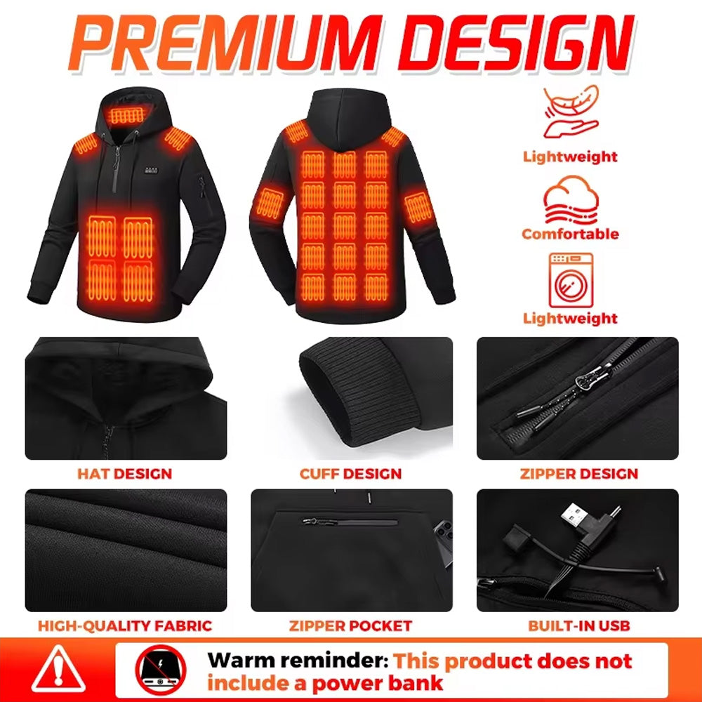 Black Electric Heated Pullover Hoodie for Men Women, 26 Zones 4 Gear Temperature Control Winter Zip Up Pocket Long Sleeve Thermal Sweatshirt for Outdoor Skiing Hiking