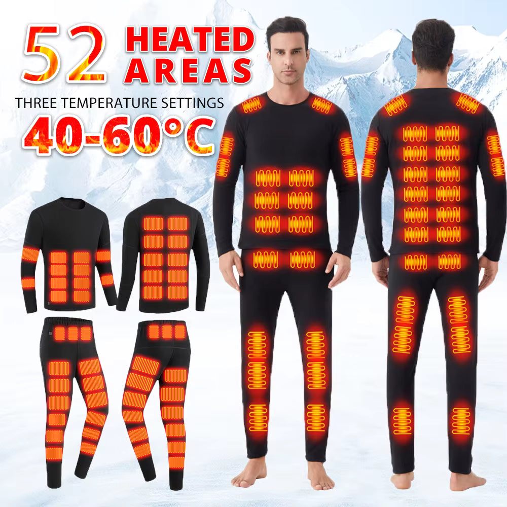 Men's Velvet Heated Underwear, USB Rechargeable 42 Heating Zones Winter Thermal Long Johns Long Sleeve Base Layer Top and Bottom Sets for Cold Weather