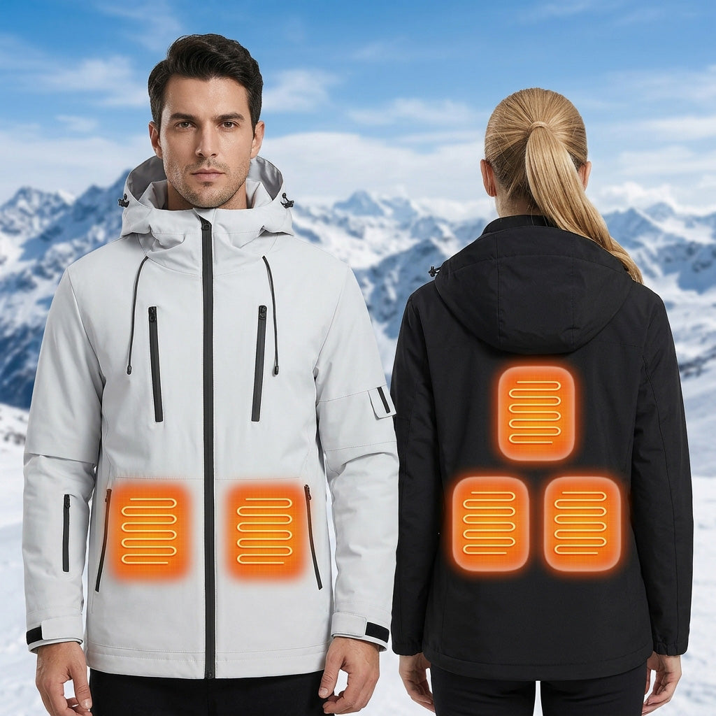 Electric Heated Hooded Ski Jacket for Men Women, 5 Heat Generation USB Powered Windbreaker Mountain Parka Heating Wear