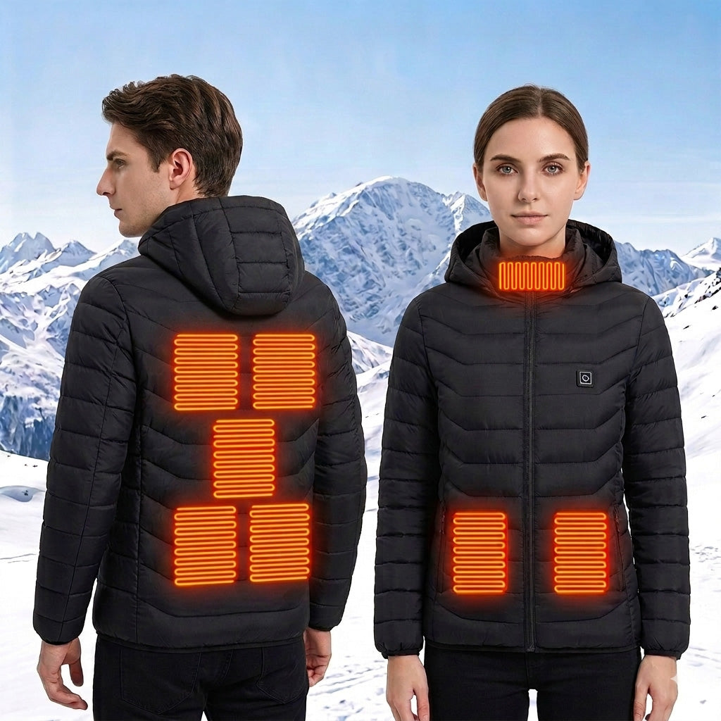 Single Temp-controller 8 Heating Zones Heated Hooded Jacket for Women Men Long Sleeve USB Electric Charging Heater Thermal Cotton Coat for Cold Weather Activities