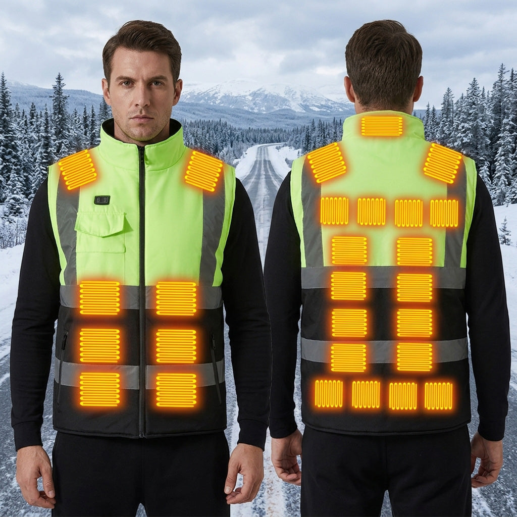 Green+Black High Visibility Heated Vest for Men Women, 8 Heating Zones 3 Temperature Levels Rechargeable Lightweight Zip Up Hi Vis Safety Electric Thermal Warming Gilet with Pockets