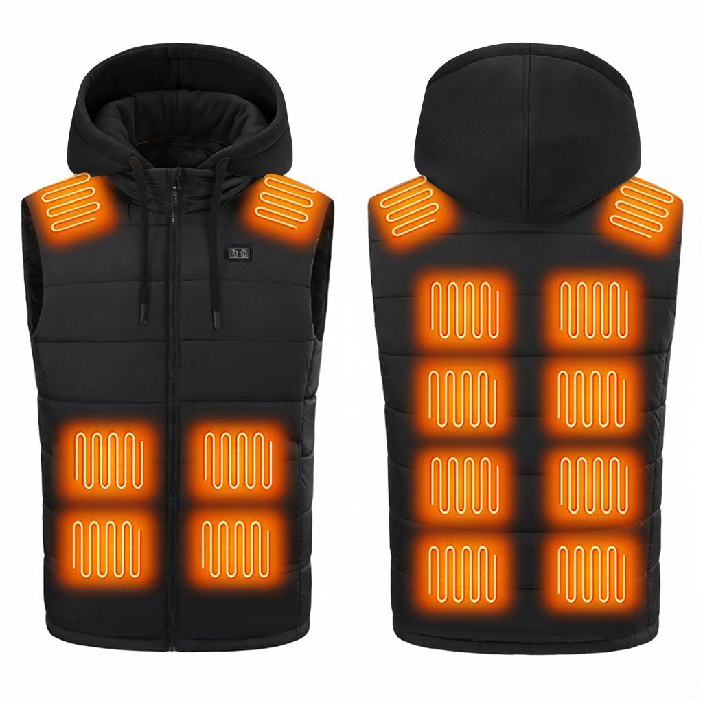 Electric Heated Hooded Gilet for Men, Dual DC/USB Port 3 Adjustable Temperature 14 Heating Zones Winter Warm Heating Vest with Detachable Hood