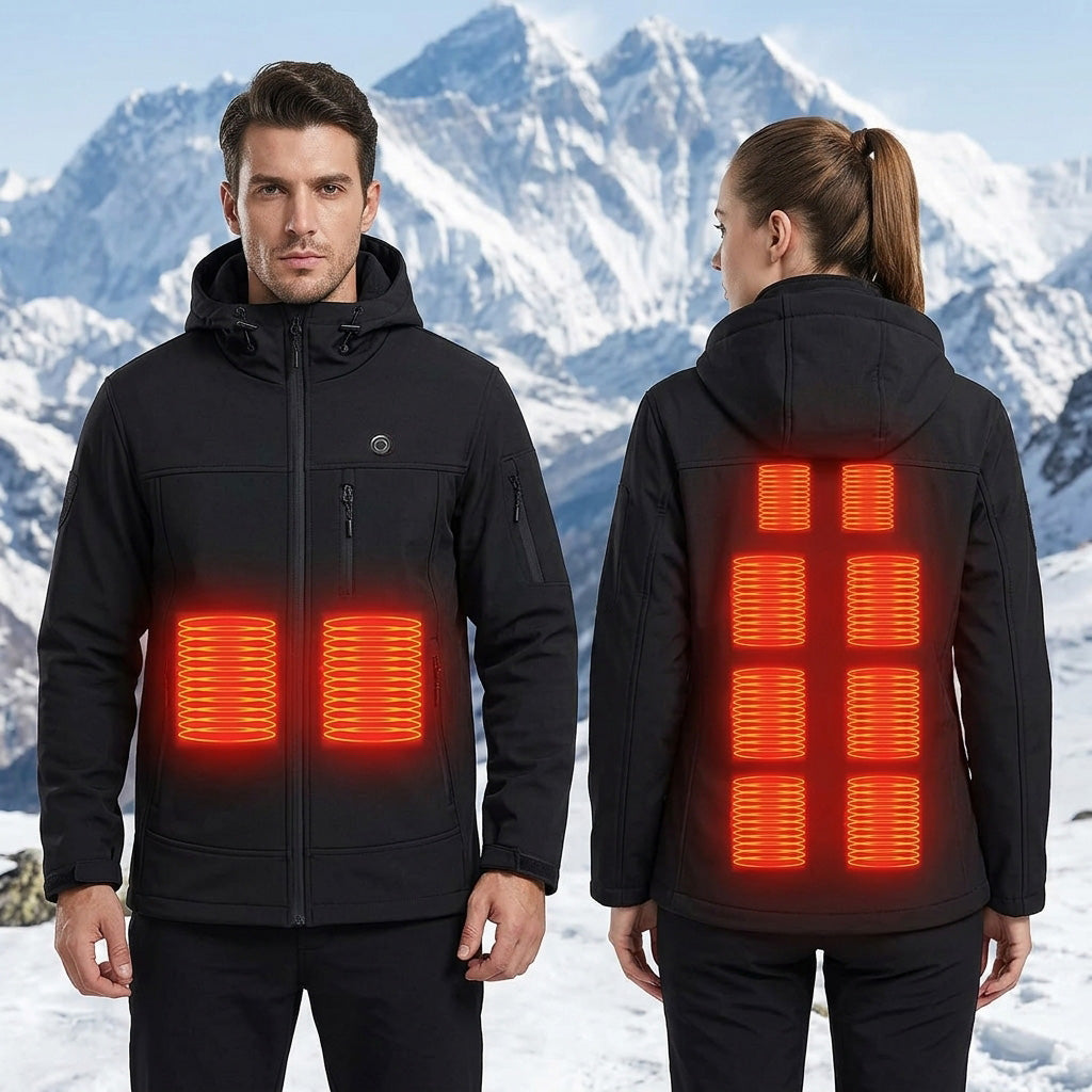 Softshell Hooded Heated Jacket for Men Women 10 Heated Areas 3 Gear Temperature USB Electric Warming Long Sleeve Windproof Coat For Extreme Cold Weather